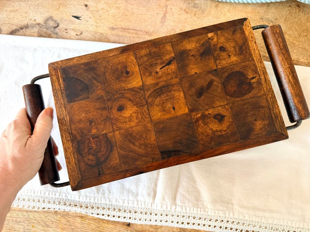 Vintage Wood End Grain Cheese Board Serving Tray Wooden Handles Charcuterie